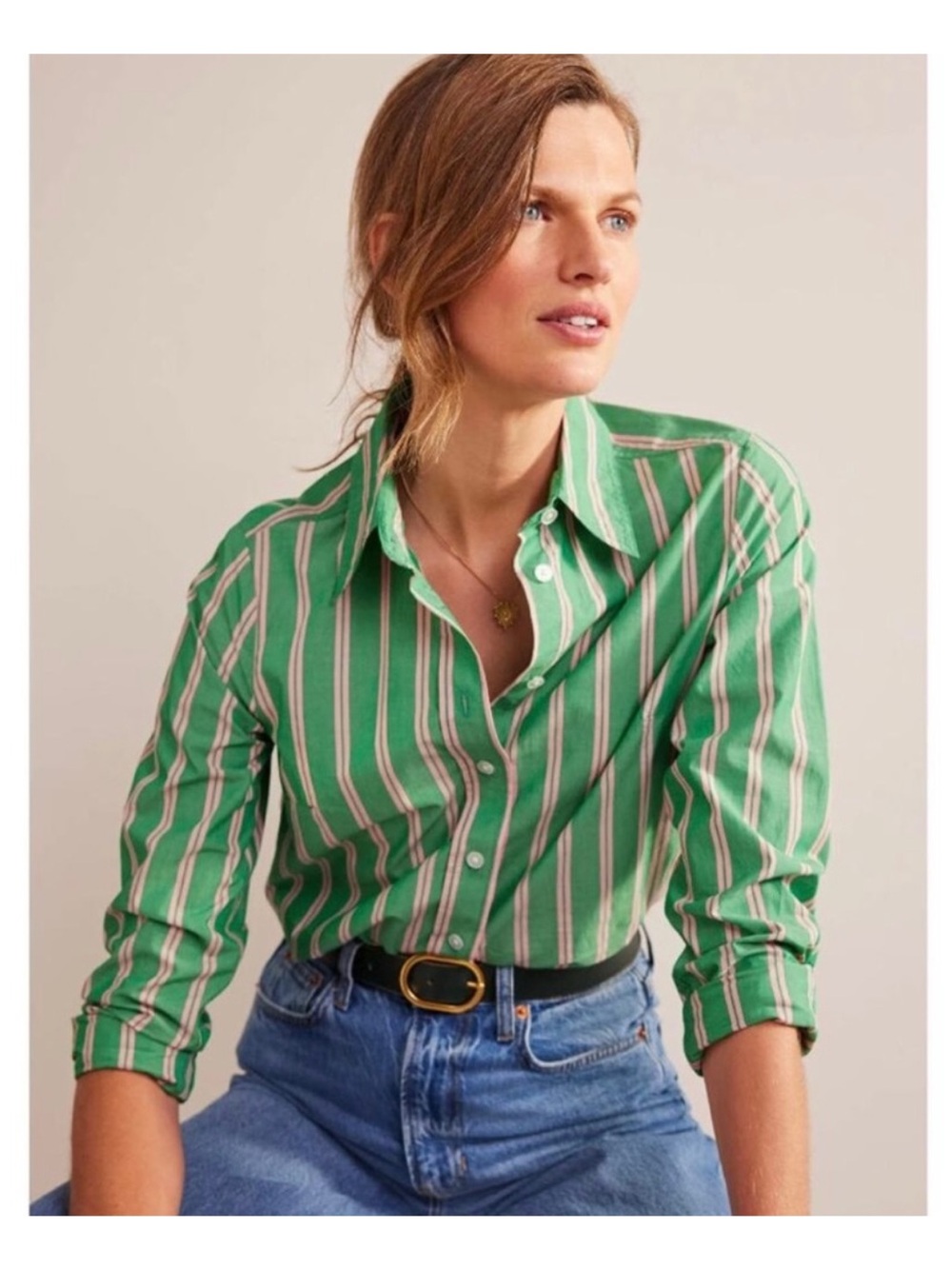 BODEN Sienna Cotton Button Down Shirt Pink Green Tram Stripe Sz 10